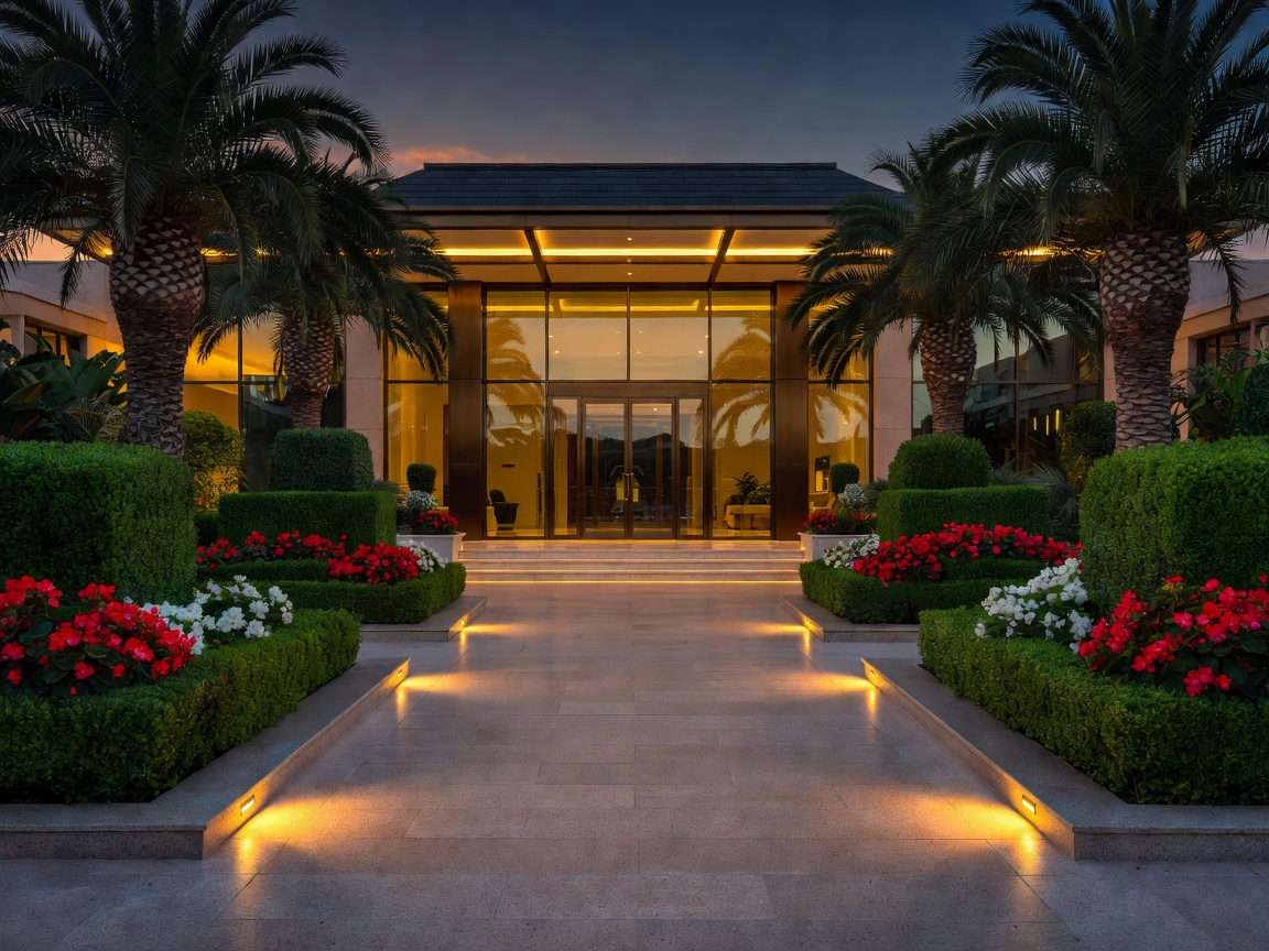 Haupteingang eines Luxushotels und Casino-Resorts mit beleuchteten Wegen und kunstvollen Pflanzkübeln