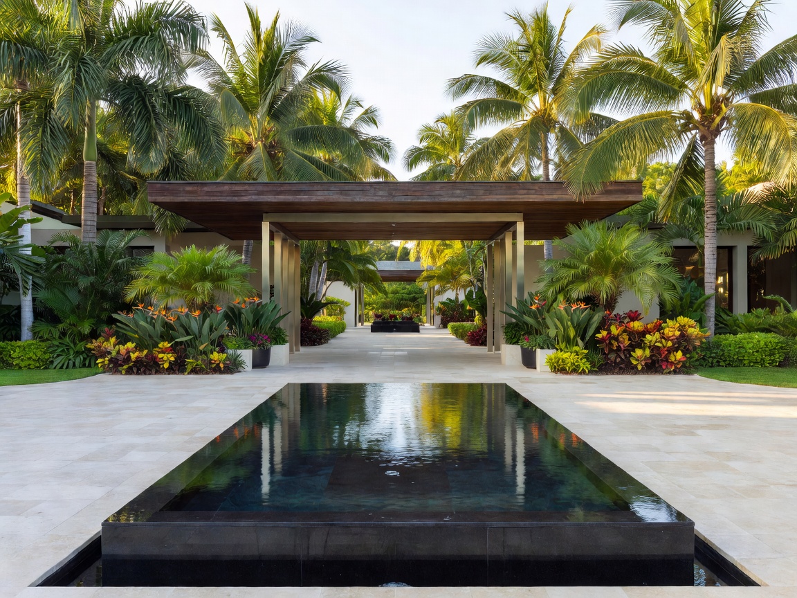 Elegante Einfahrt eines Boutique-Hotels mit tropischen Pflanzkübeln und beleuchtetem Wasserbecken