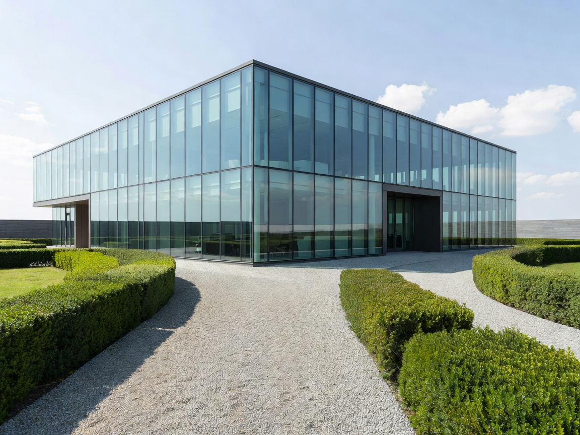 Modernes Bürogebäude aus Glas mit architektonischen Kieswegen und geometrischen Formhecken